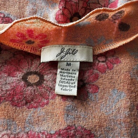 J. Jill Pink & Orange Floral Semi Sheer Mesh Lettuce Hem Scoop Neck Top - Picture 6 of 7